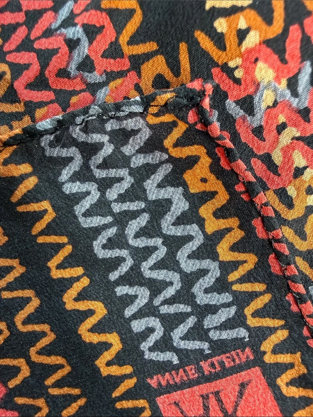 Anne Klein silk scarf black orange pink yellow blue squiggle line plaid print